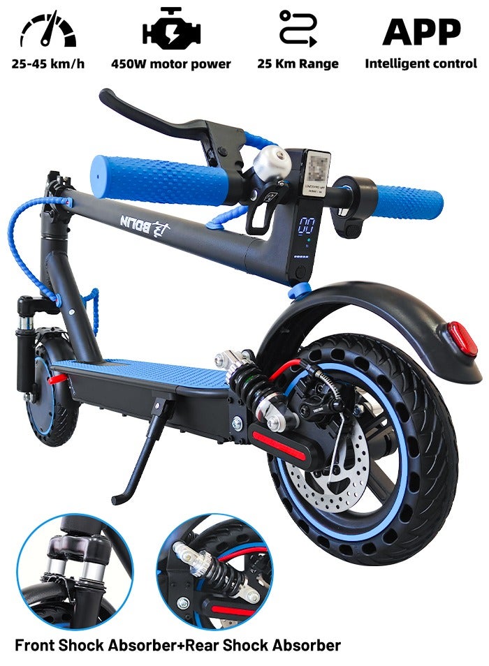 bolin One-Click Folding Electric Scooter with Front and Rear Shock Absorbers, Top Configuration, 45km/h Speed, 450W Brushless Motor, APP Control, 25km Range, for Adults & Teens, 150kg Load Capacity, Aluminum Alloy  Frame Blue ,Adapted For Middle East Terrain - Image 1