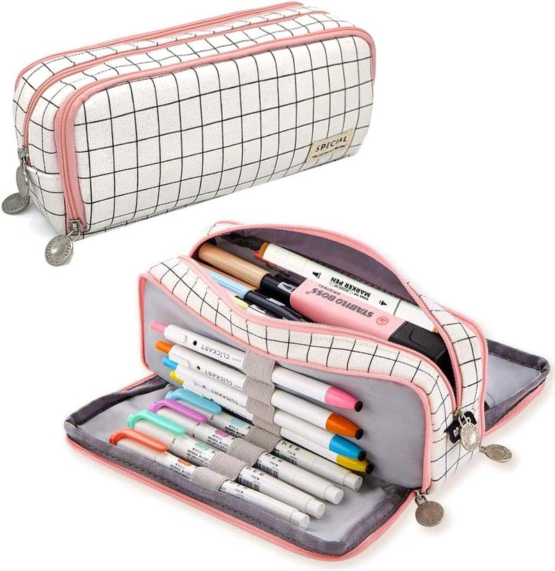 FINEMOE Canvas Large Capacity Pencil Box For Girls&Boys,3 Compartments Pen&Pencil Pouches,Aesthetic Stationery Pouch For School Kids College Students,Cute Stationary Gift For Children (Plaide White) - Image 1
