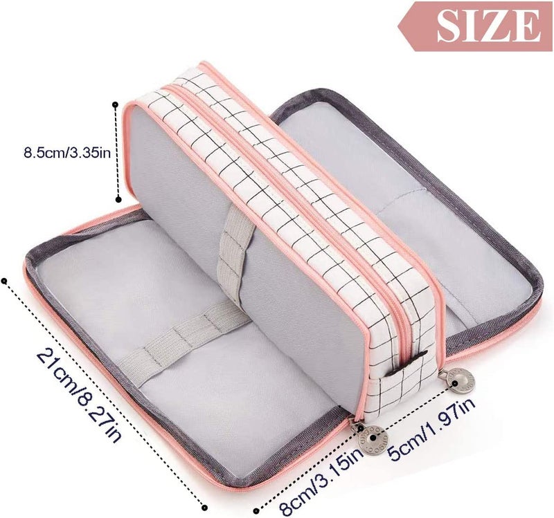 FINEMOE Canvas Large Capacity Pencil Box For Girls&Boys,3 Compartments Pen&Pencil Pouches,Aesthetic Stationery Pouch For School Kids College Students,Cute Stationary Gift For Children (Plaide White) - Image 2