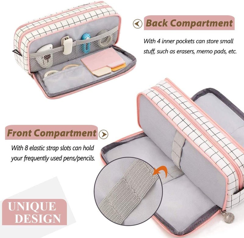 FINEMOE Canvas Large Capacity Pencil Box For Girls&Boys,3 Compartments Pen&Pencil Pouches,Aesthetic Stationery Pouch For School Kids College Students,Cute Stationary Gift For Children (Plaide White) - Image 5