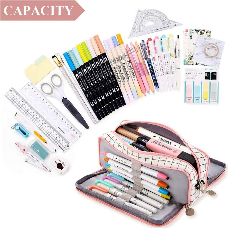 FINEMOE Canvas Large Capacity Pencil Box For Girls&Boys,3 Compartments Pen&Pencil Pouches,Aesthetic Stationery Pouch For School Kids College Students,Cute Stationary Gift For Children (Plaide White) - Image 3