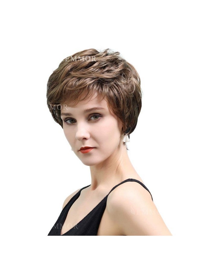 EMMOR Short Brown Human Hair Wigs For Women Blend Pixie Cut Wig With Bangnatural Daily Use Hair (Color 8T20) - Image 4