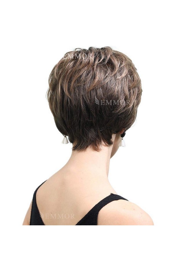 EMMOR Short Brown Human Hair Wigs For Women Blend Pixie Cut Wig With Bangnatural Daily Use Hair (Color 8T20) - Image 5
