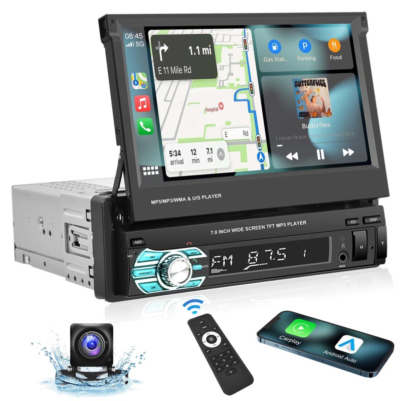 Podofo Single Din Carplay Car Stereo with Bluetooth AHD Backup Camera 7 Inch flip Out Touch Screen Car Radio MP5 Player Support Android Auto Mirror Link USB TF FM Radio Auxin SWC