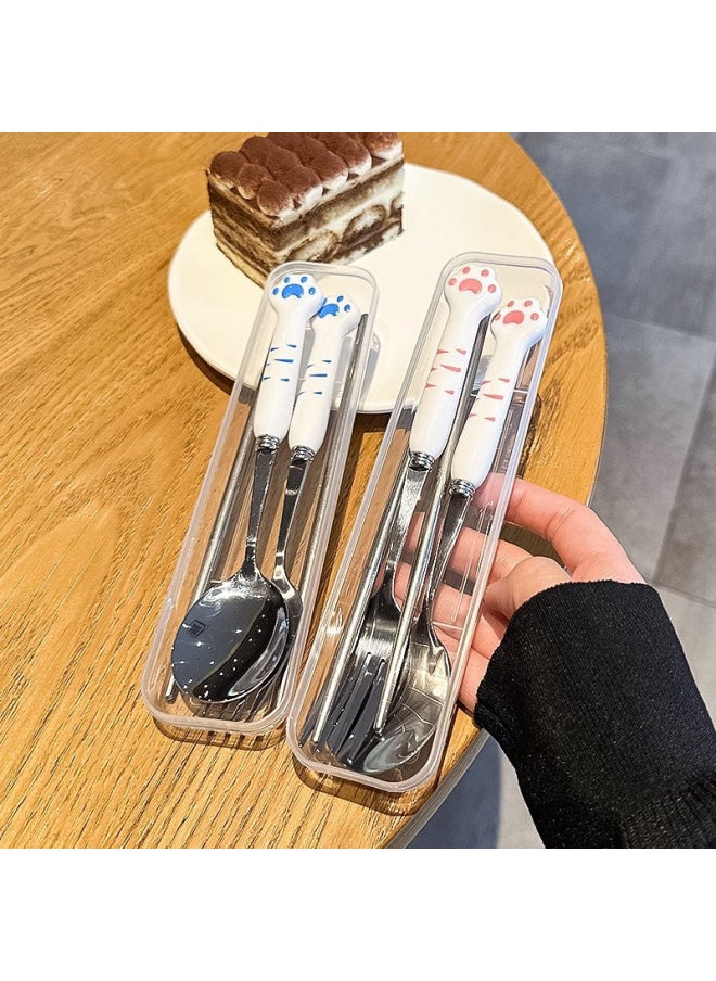 Generic - Japanese And Korean Cartoon Stainless Steel Tableware Spoon Fork Student Outdoor Camping Cute Rabbit Rabbit Cat Claw Spoon Fork Set-Specifications:Radish White Rabbit Spoon Fork Set (transparent Box) - Image 1