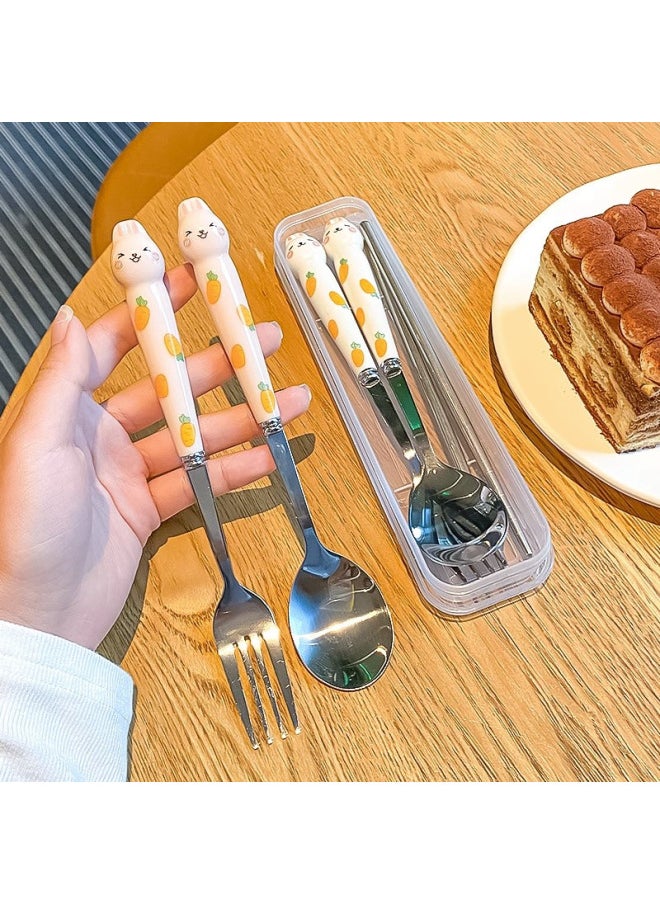 Generic - Japanese And Korean Cartoon Stainless Steel Tableware Spoon Fork Student Outdoor Camping Cute Rabbit Rabbit Cat Claw Spoon Fork Set-Specifications:Radish White Rabbit Spoon Fork Set (transparent Box) - Image 1