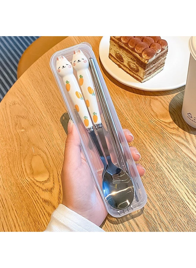 Generic - Japanese And Korean Cartoon Stainless Steel Tableware Spoon Fork Student Outdoor Camping Cute Rabbit Rabbit Cat Claw Spoon Fork Set-Specifications:Radish White Rabbit Spoon Fork Set (transparent Box) - Image 1