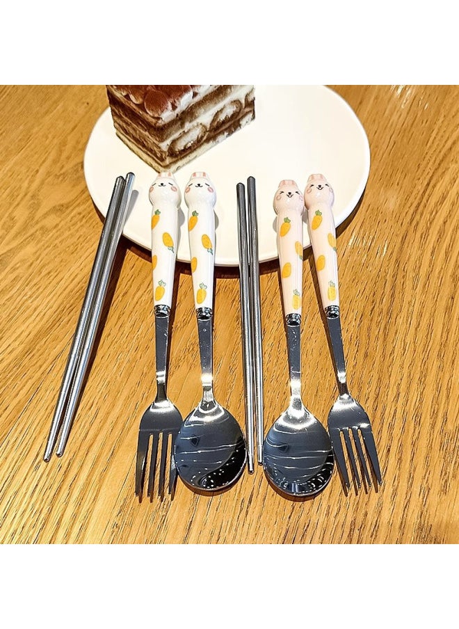 Generic - Japanese And Korean Cartoon Stainless Steel Tableware Spoon Fork Student Outdoor Camping Cute Rabbit Rabbit Cat Claw Spoon Fork Set-Specifications:Radish White Rabbit Spoon Fork Set (transparent Box) - Image 1