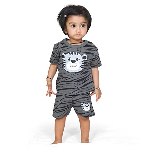 ARIEL Baby Boys & Baby girls Cotton Printed Round Neck Half Sleeve T-shirt & Short Latest Summer Clothing Sets (AR-BHALFSS-69-GRYKATAOP_Grey_6-9 months) - Image 4
