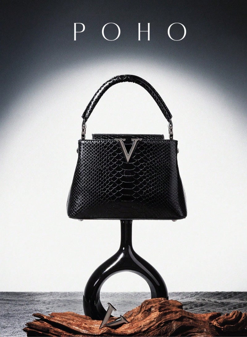 POHO Luxurious Brand Handbag For Ladies, With High-End Custom Design In Imitation Of Snake Pattern, Classic V-Letter Medium-Sized Snake Pattern Handbag. It Goes Well With Exquisite Evening Gowns And Is Suitable As A Gift For Girls, Friends And Family At Parties - Image 1