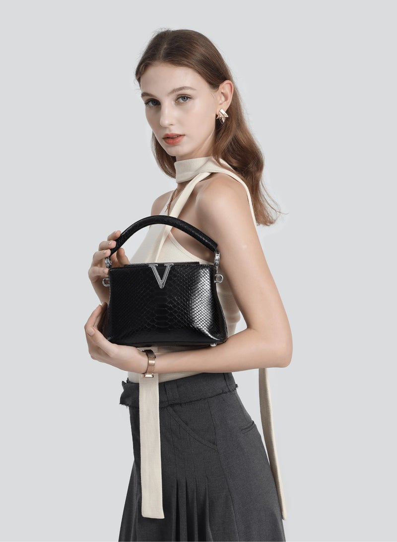 POHO Luxurious Brand Handbag For Ladies, With High-End Custom Design In Imitation Of Snake Pattern, Classic V-Letter Medium-Sized Snake Pattern Handbag. It Goes Well With Exquisite Evening Gowns And Is Suitable As A Gift For Girls, Friends And Family At Parties - Image 5