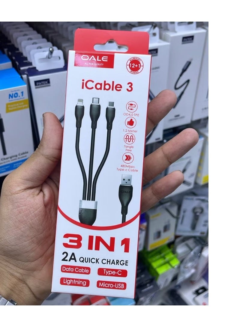 iCable 3-in-1 Fast Charging Cable | Lightning, Type-C & Micro USB | 1.2M, 2A