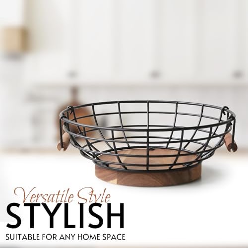 WILDMOS Fruit Basket,black Wire Basket with Acacia Wood Base,large Fruit Bowl for Countertop,black Baskets for Fruits, Breads, Vegetables Storage. (10-inch) - Image 2