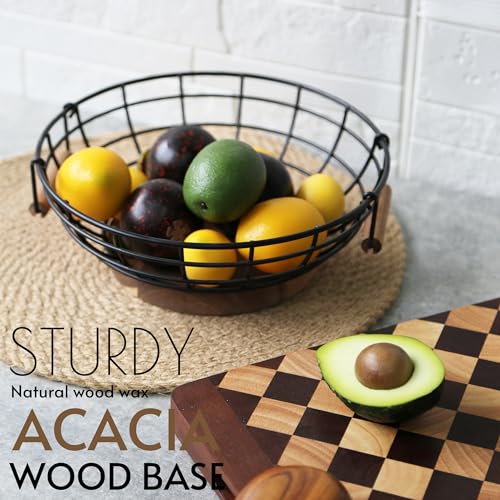 WILDMOS Fruit Basket,black Wire Basket with Acacia Wood Base,large Fruit Bowl for Countertop,black Baskets for Fruits, Breads, Vegetables Storage. (10-inch) - Image 3