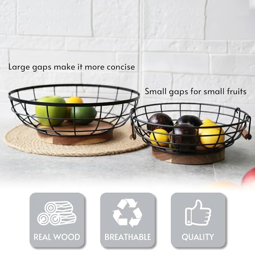 WILDMOS Fruit Basket,black Wire Basket with Acacia Wood Base,large Fruit Bowl for Countertop,black Baskets for Fruits, Breads, Vegetables Storage. (10-inch) - Image 4