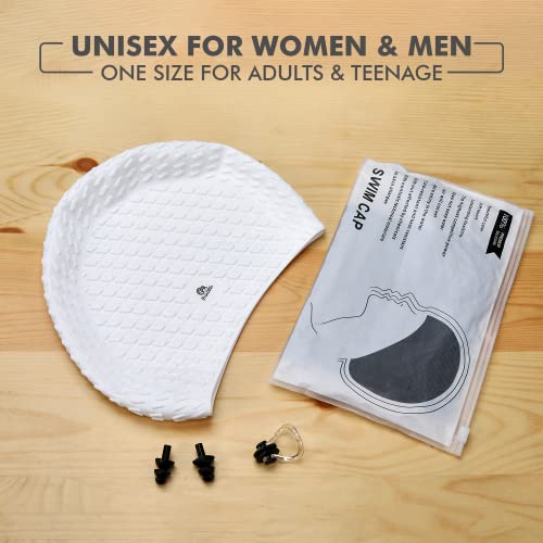 Primalite Silicone Swimming Cap with Nose Clip & Ear Plug- Long & Short Hair, Cover Ears to Keep Hair Dry, Waterproof Swim Caps, Anti-Slip Comfortable High Elasticity- Adults Men Women Kids- White - Image 3