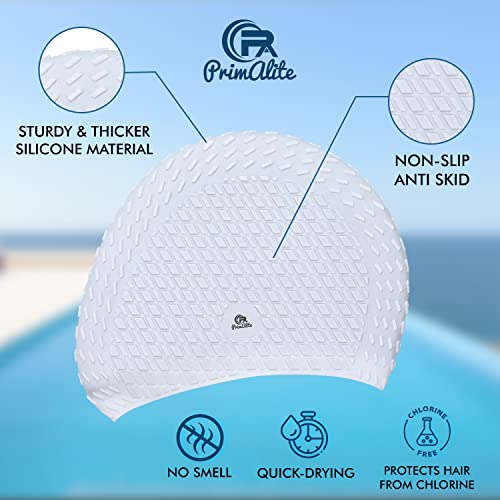 Primalite Silicone Swimming Cap with Nose Clip & Ear Plug- Long & Short Hair, Cover Ears to Keep Hair Dry, Waterproof Swim Caps, Anti-Slip Comfortable High Elasticity- Adults Men Women Kids- White - Image 5