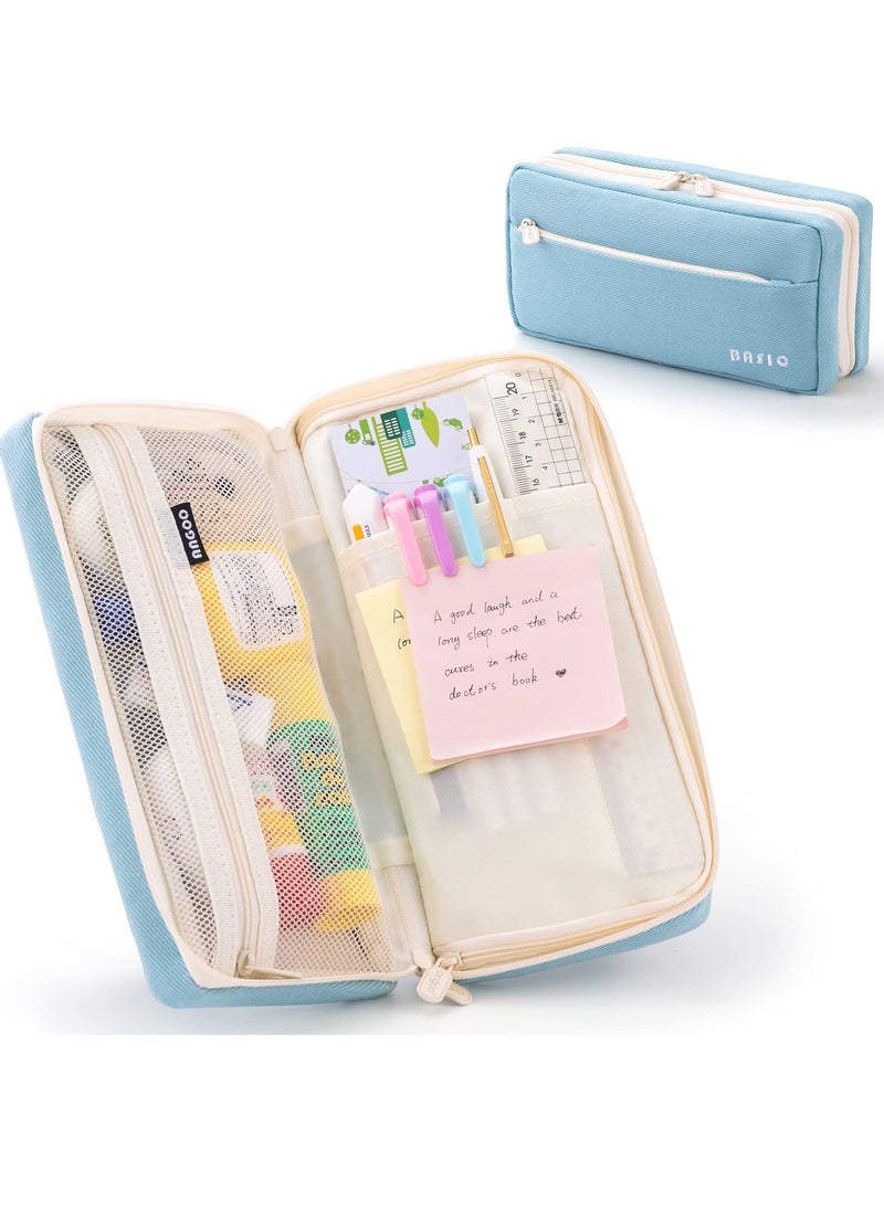 Excefore Large Capacity Pencil Case, Big Capacity Pencil Pouch, Pen Marker Holder Double Zipper Storage Bag, Big Pencil Organizer for College School Office Teen Girl Boy Women Men Adult (Blue)  - Image 1