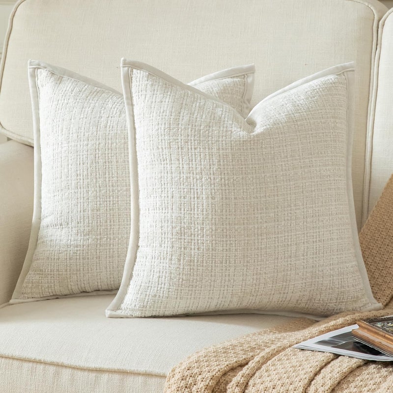 Yaertun Pack of 2 Chenille Textured Decorative Throw Pillow Covers Accent Solid Cushion Cover Soft Cozy Pillow Case with Velvet Back for Couch Sofa Bed Living Room 26x26 Inch Cream White - Image 1