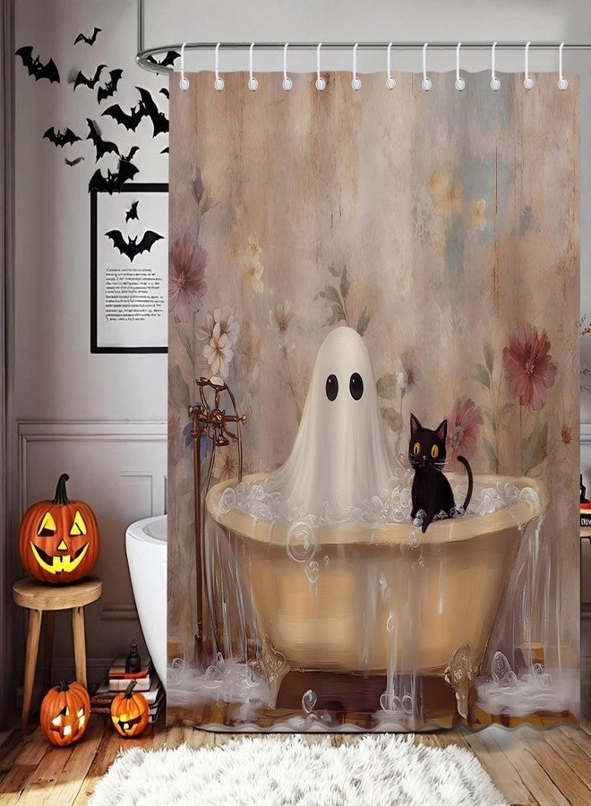 Mocsicka Halloween Shower Curtain Ghost Cat Takes a Bath Shower Curtain for Bathroom Dark Academia Ghost Bathtub Halloween Bathroom Decor Set Vintage Gothic Bathroom Decor (71x71 inch, Vintage Boo) - Image 1