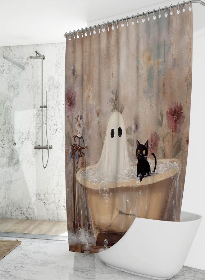 Mocsicka Halloween Shower Curtain Ghost Cat Takes a Bath Shower Curtain for Bathroom Dark Academia Ghost Bathtub Halloween Bathroom Decor Set Vintage Gothic Bathroom Decor (71x71 inch, Vintage Boo) - Image 2