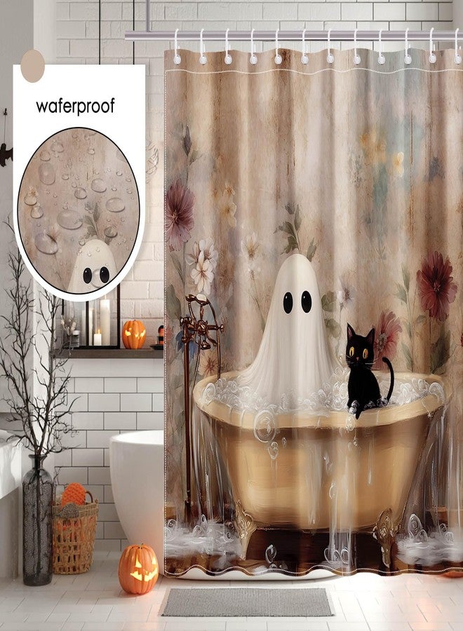 Mocsicka Halloween Shower Curtain Ghost Cat Takes a Bath Shower Curtain for Bathroom Dark Academia Ghost Bathtub Halloween Bathroom Decor Set Vintage Gothic Bathroom Decor (71x71 inch, Vintage Boo) - Image 5