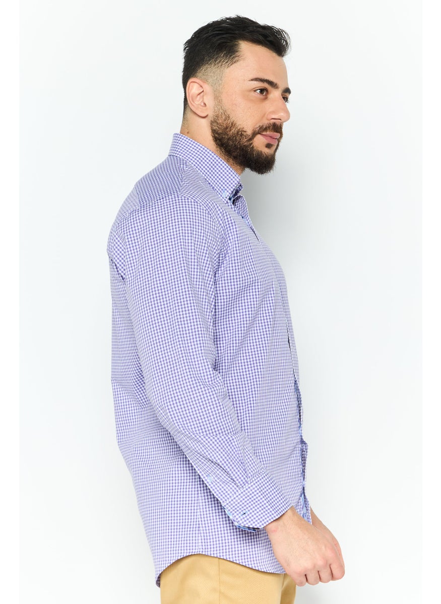 Tailorbyrd Men Regular Fit Gingham Long Sleeve Casual Shirt, Purple  - Image 2