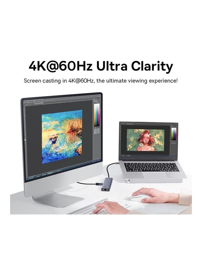 بيسوس موزع USB-C (6 في 1) مع منفذ HDMI بدقة 4K، وتوصيل طاقة بقوة 100 وات، ومنفذ إيثرنت RJ45، ومنفذي USB-A 3.0، ومنفذ بيانات بسرعة 5 جيجابت في الثانية، لأجهزة MacBook Air وMacBook Pro وXPS وHuawei MateBook وأجهزة أخرى بمنفذ Type-C - Image 3