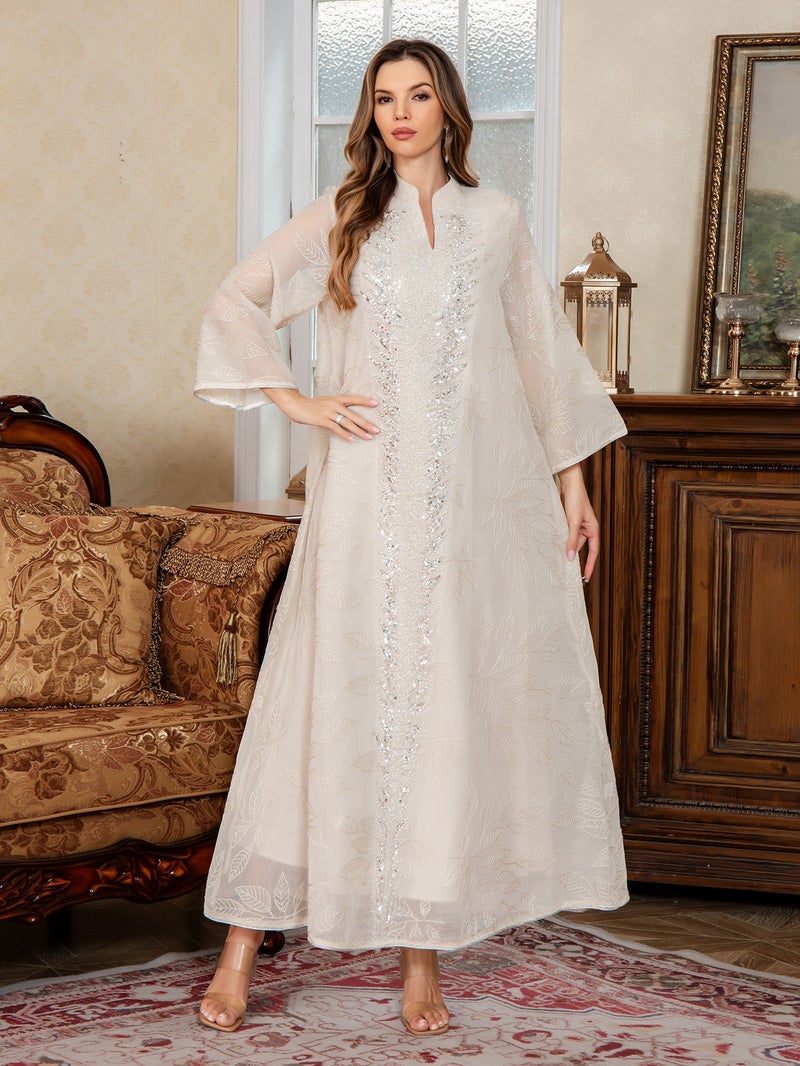 Embroidered Mesh Kaftan Dress with Sequin Details - Long Sleeve Maxi Gown - Apricot