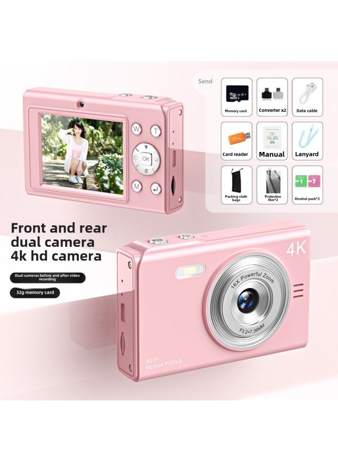 HD Student Party Campus 2.4 Inch Entry Level Vintage Digital Camera Small Portable CCD Camera-Body Color:Pink + 32g Memory Card + Card Reader + Adapter - Image 1