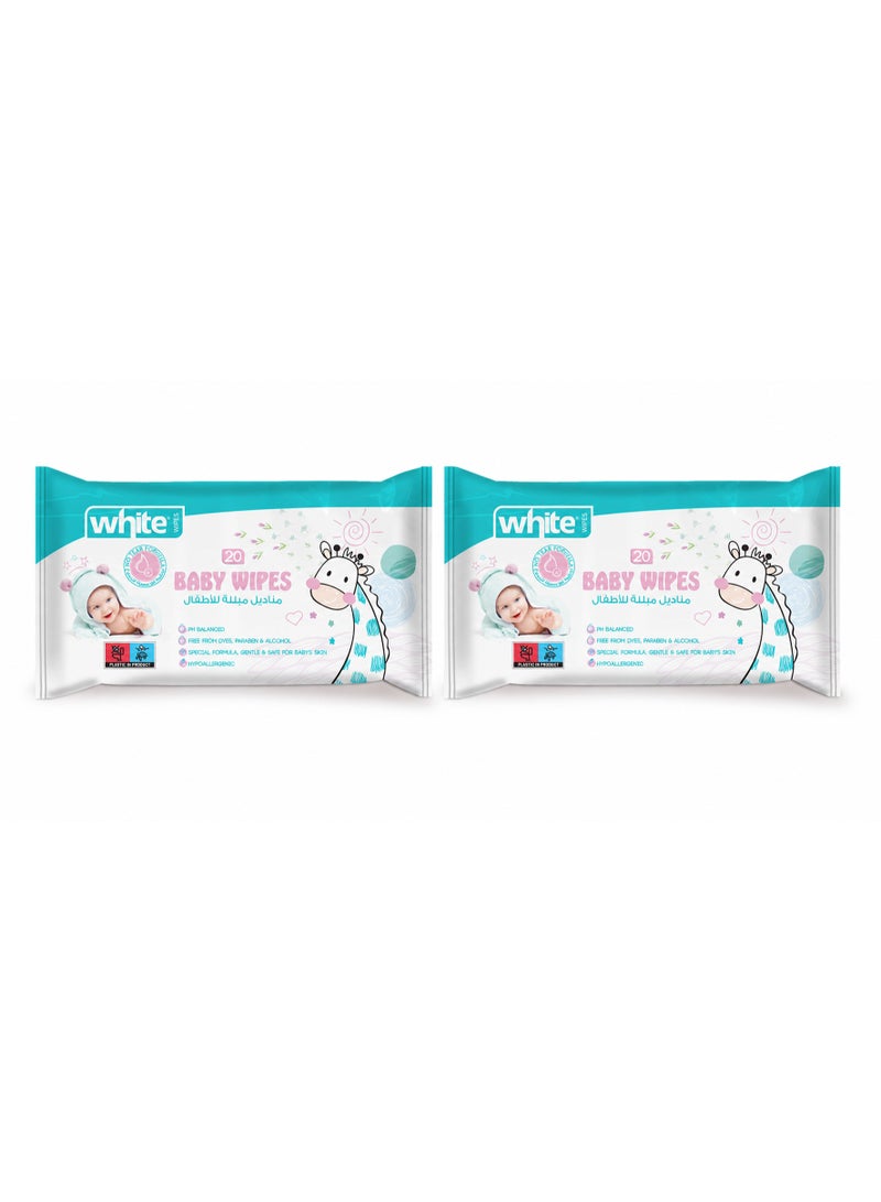 White Baby Wipes, 20 wipes x 2 packs, 40 wipes total - Image 1
