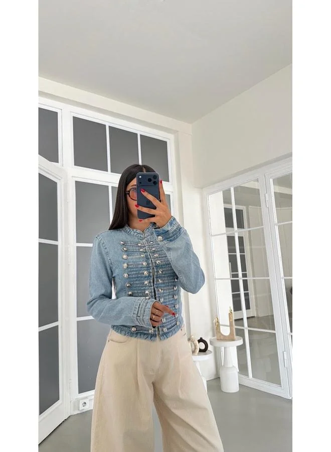 Gaus Blue Epaulet Button-Detail Denim Design Jacket GAUS-01877.