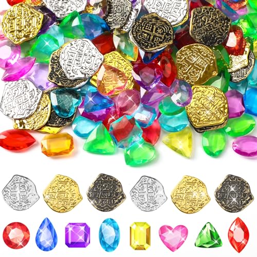 MARFOREVER 180 PCS Pirate Treasure Pool Gems Toys Dive Toys Set 120 Pool Gems Diamonds and 60 Plastic Gold Coins Summer Throw Diving Toys for Boys Girls Water Beach Sand Pirate Party Supplies Favors - Image 1