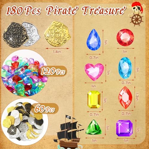 MARFOREVER 180 PCS Pirate Treasure Pool Gems Toys Dive Toys Set 120 Pool Gems Diamonds and 60 Plastic Gold Coins Summer Throw Diving Toys for Boys Girls Water Beach Sand Pirate Party Supplies Favors - Image 5