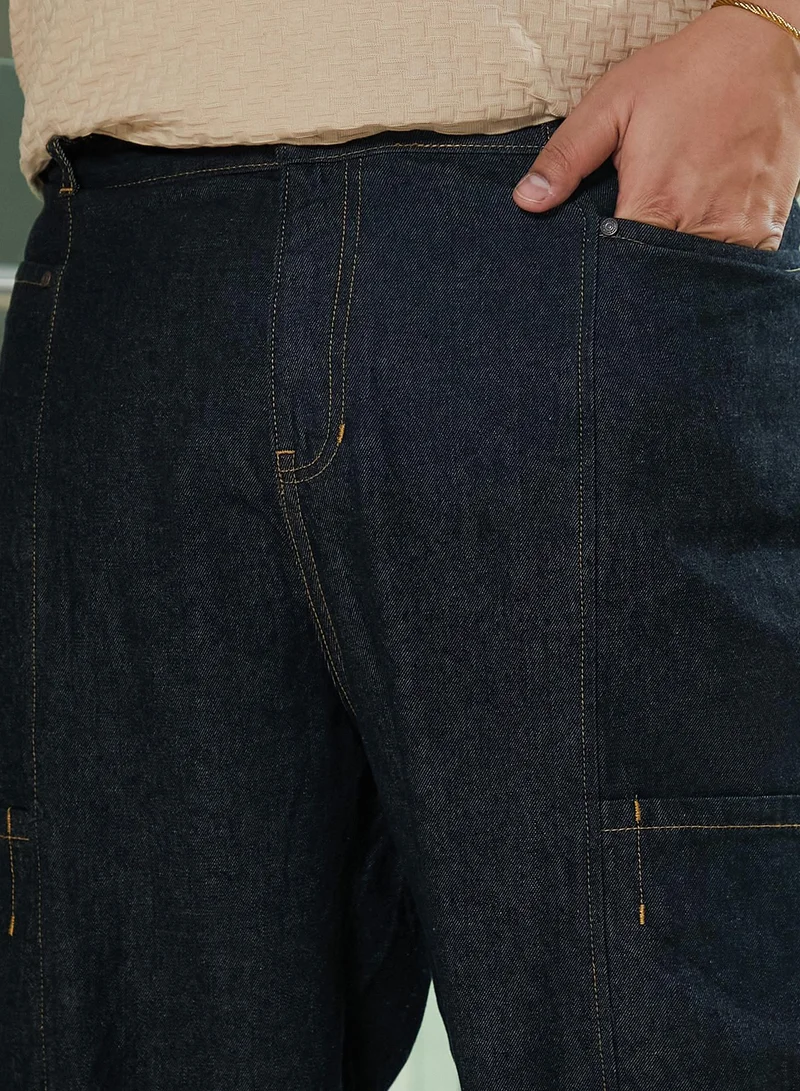 Instafab Plus Instafab Plus Men's Charcoal Black Baggy Cargo Denim Jeans For Casual Wear | Mid-Rise | Relaxed Fit | Button Closure | Plus Size Denim Jeans Crafted With Comfort Fit For Everyday Wear