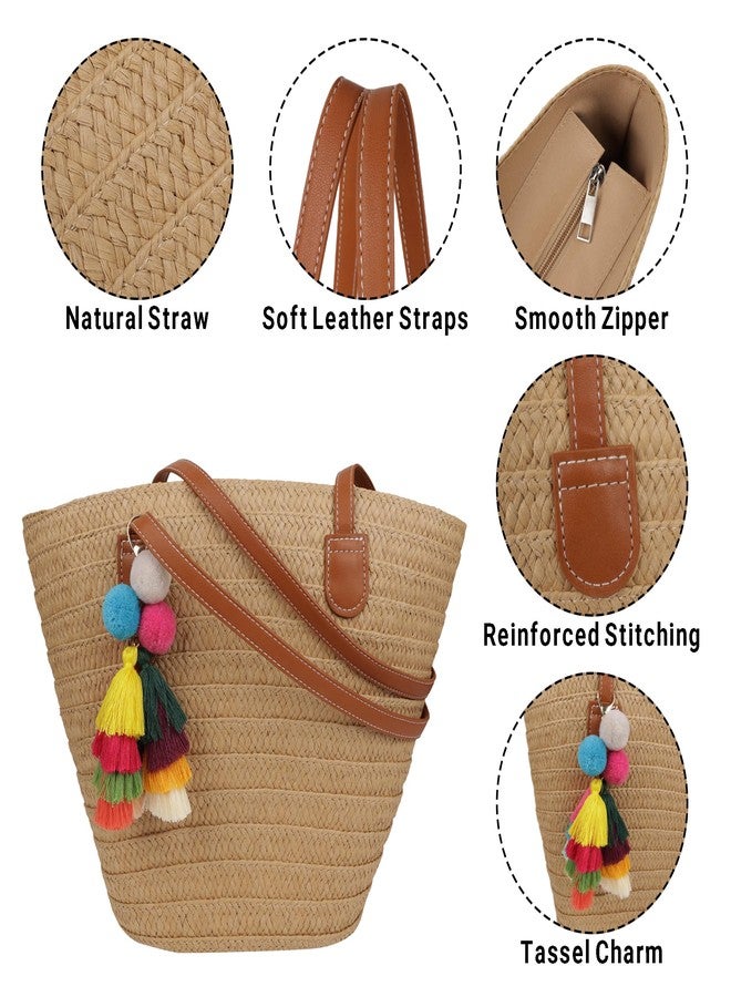 Youjaree Straw Beach Bags for Women Summer Beach Tote Bag Woven Shoulder Handbag Purse with Tassel (Brown-Style-2) - Image 4