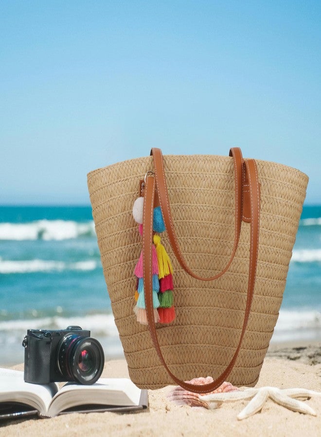 Youjaree Straw Beach Bags for Women Summer Beach Tote Bag Woven Shoulder Handbag Purse with Tassel (Brown-Style-2) - Image 3