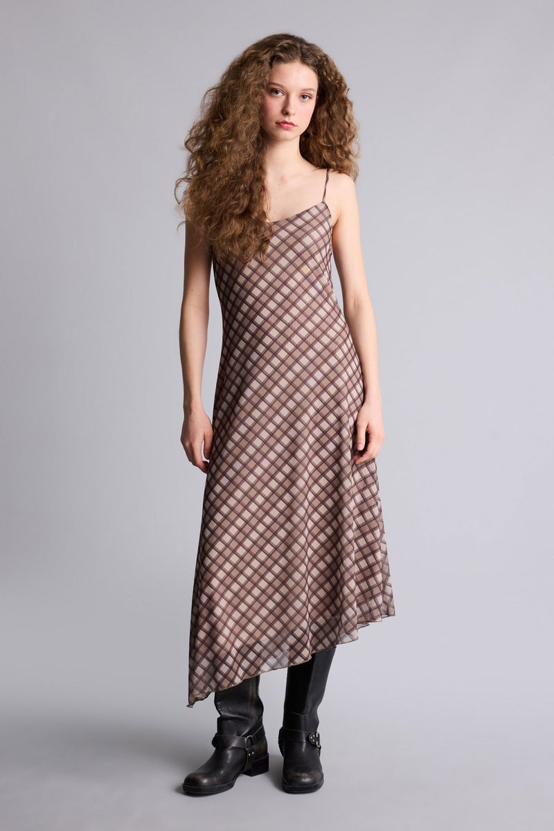 DeFacto Brown Woman V-Neck Plaid Tulle Midi Dress Casual - Image 1