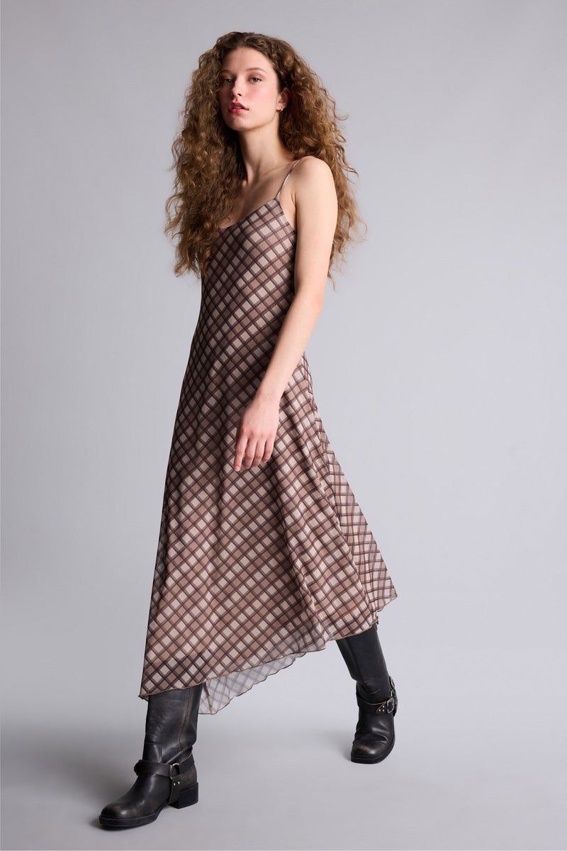 DeFacto Brown Woman V-Neck Plaid Tulle Midi Dress Casual - Image 2