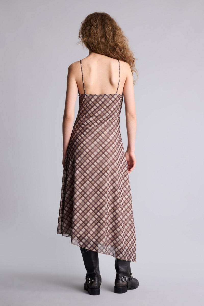 DeFacto Brown Woman V-Neck Plaid Tulle Midi Dress Casual - Image 5