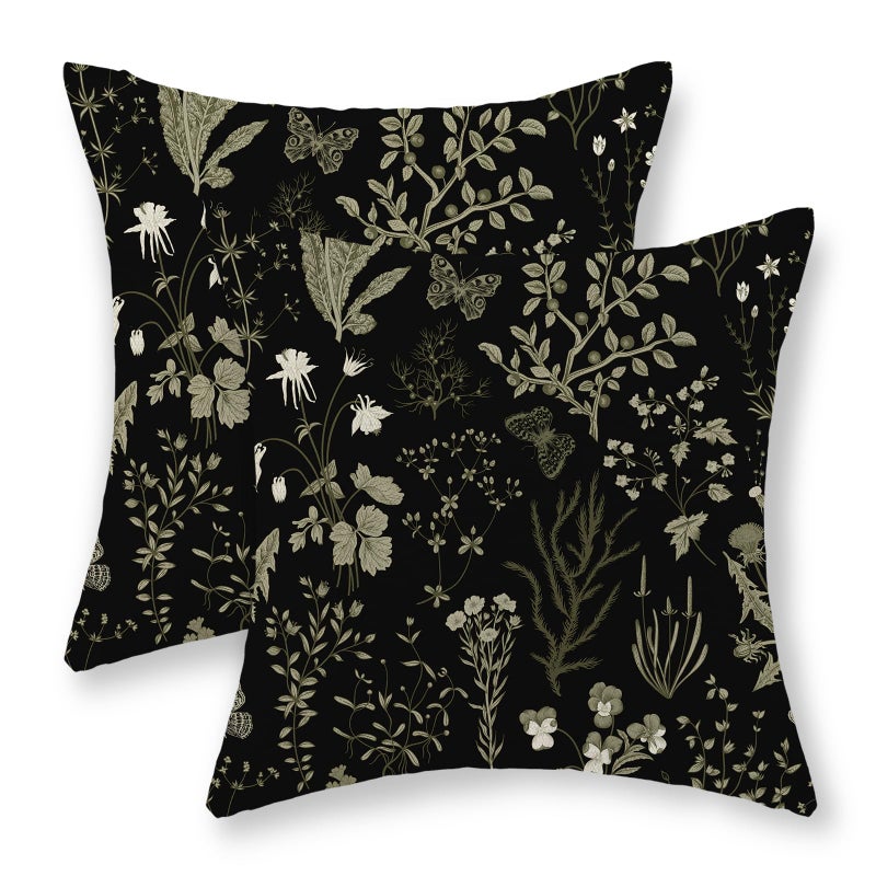 JEFERSO Spring Floral Pillow Covers 18x18 Set of 2 Black Sage Green Wild Flower Decorative Pillow Cases Vintage Herbs Plant Cushion Cover Botanical Farmhouse Decor Outdoor Throw Pillows for Couch Bed - Image 1