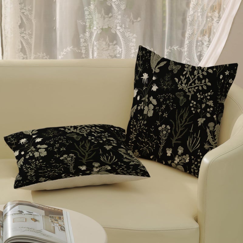 JEFERSO Spring Floral Pillow Covers 18x18 Set of 2 Black Sage Green Wild Flower Decorative Pillow Cases Vintage Herbs Plant Cushion Cover Botanical Farmhouse Decor Outdoor Throw Pillows for Couch Bed - Image 4