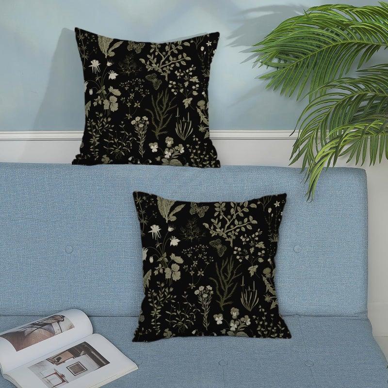 JEFERSO Spring Floral Pillow Covers 18x18 Set of 2 Black Sage Green Wild Flower Decorative Pillow Cases Vintage Herbs Plant Cushion Cover Botanical Farmhouse Decor Outdoor Throw Pillows for Couch Bed - Image 3