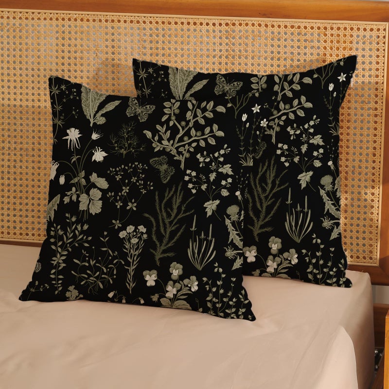 JEFERSO Spring Floral Pillow Covers 18x18 Set of 2 Black Sage Green Wild Flower Decorative Pillow Cases Vintage Herbs Plant Cushion Cover Botanical Farmhouse Decor Outdoor Throw Pillows for Couch Bed - Image 2