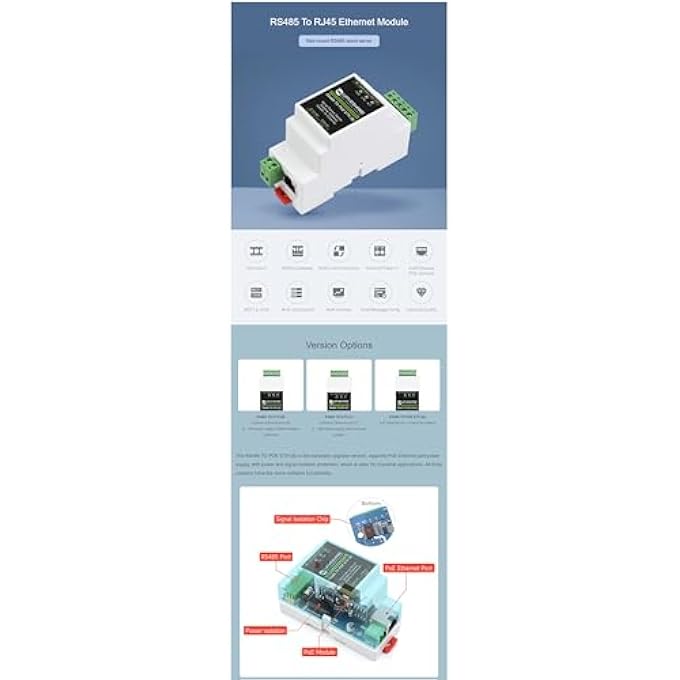 Waveshare INDUSTRIAL RS485 TO RJ45 ETHERNET SERIAL SERVER RAIL-MOUNT RS485 TO ETHERNET MODULE, TCP/IP TO RS485 CONVERTER, MODBUS GATEWAY, MQTT GATEWAY, IOT DATA ACQUISITOR, SUPPORTS TCP/UDP, MULTI HOST POLLING - Image 2
