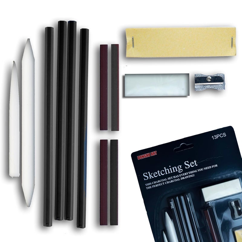 ArtRight 13 Pcs Sketching Drawing Art Kit 4 Graphite Pencils 4 Compressed Charcoal Sticks 2 Blending Stumps Sandpaper Block Eraser Sharpener Ideal for Artists Students - Image 1