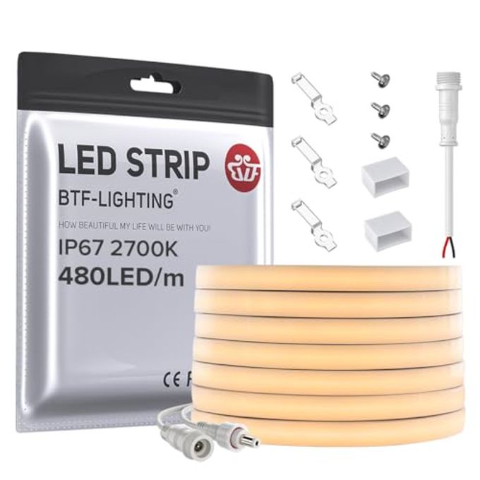 BTF-LIGHTING Fcob Cob Led Strip Ip67 Waterproof Flexible High Density Uniform Diffused Neon Light 16.4Ft Dc24V Warm White 2700K 480Led/M Cri 90+ For Indoor Decor(No Adapter Or Controller) - Image 4