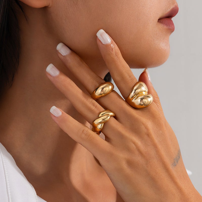 SHIXIN European and American Cross-Border Sweet Cool Instagram Style Geometric Baroque Pearl Ring Set, Unique Liquid Metal Glossy Rings - Image 3