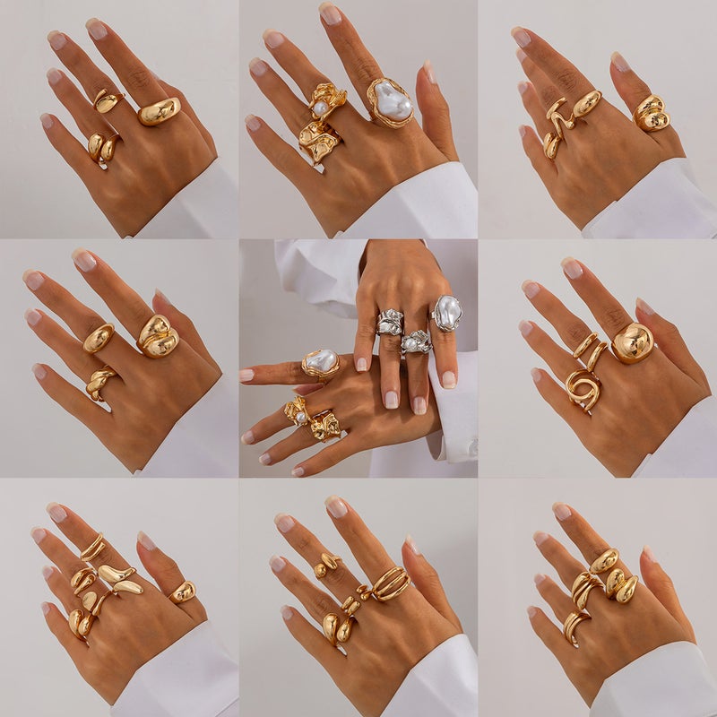 SHIXIN European and American Cross-Border Sweet Cool Instagram Style Geometric Baroque Pearl Ring Set, Unique Liquid Metal Glossy Rings - Image 1
