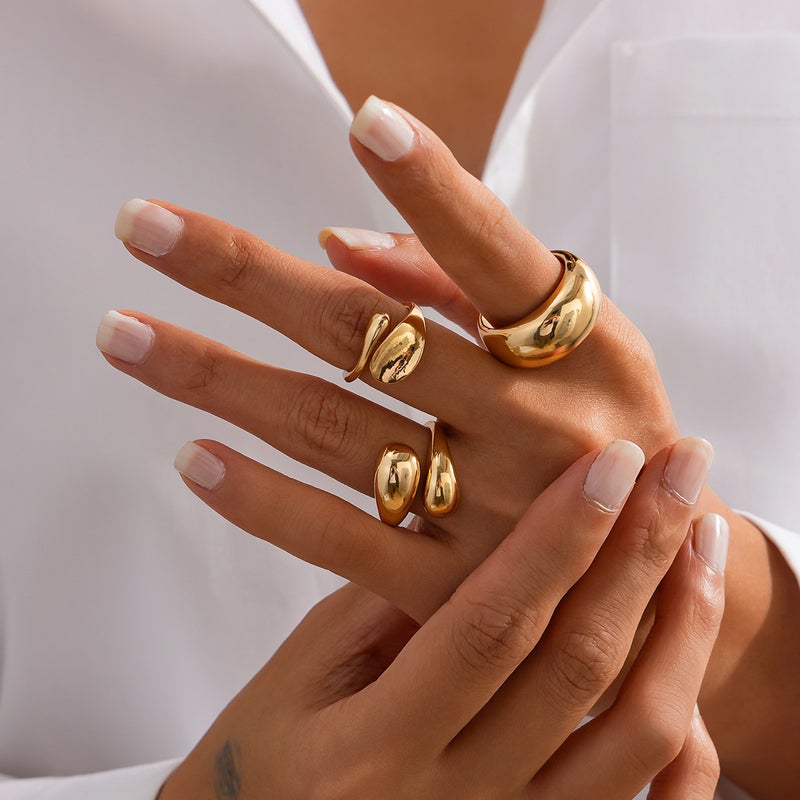 SHIXIN European and American Cross-Border Sweet Cool Instagram Style Geometric Baroque Pearl Ring Set, Unique Liquid Metal Glossy Rings - Image 2